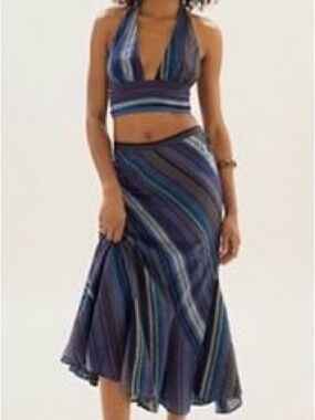 Free People Navy & Blue Striped Midi Skirt